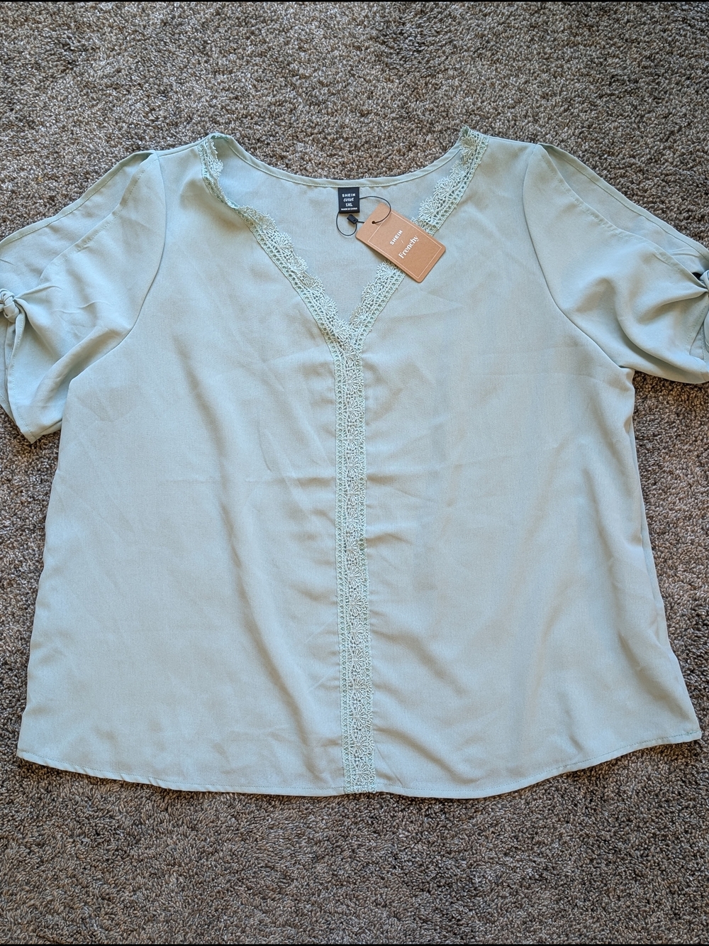 SHEIN Sage Green Lace-Trim V-Neck Blouse
